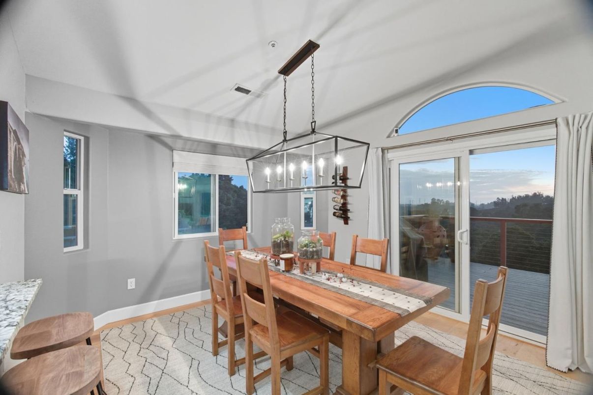 Dining room, Interior, Pendant Lights, Wood Texture Flooring