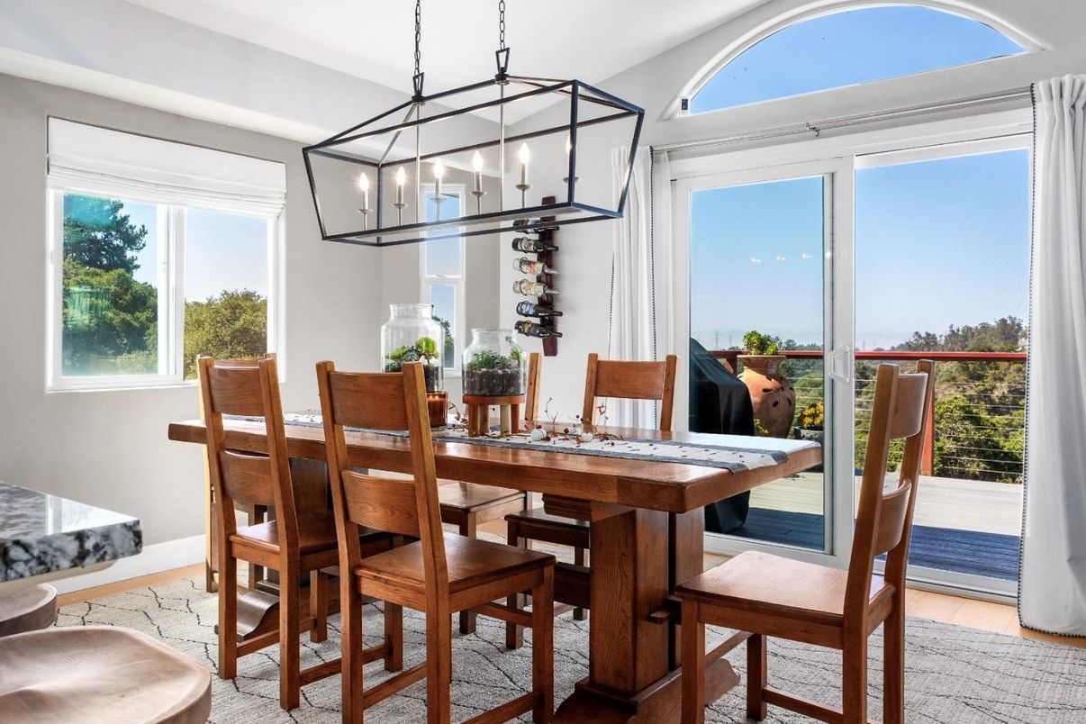 Dining room, Interior, Pendant Lights, Wood Texture Flooring