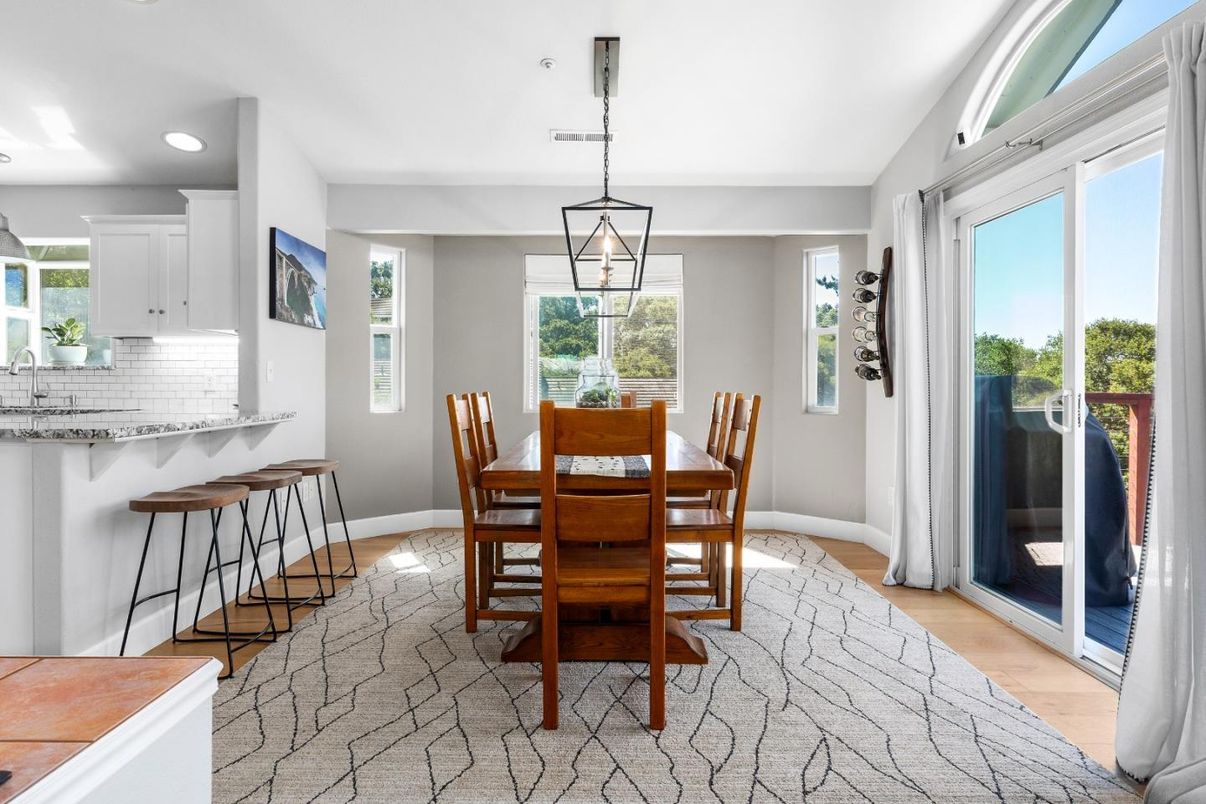 Dining room, Interior, Pendant Lights, Recessed Lighting, Wood Texture Flooring