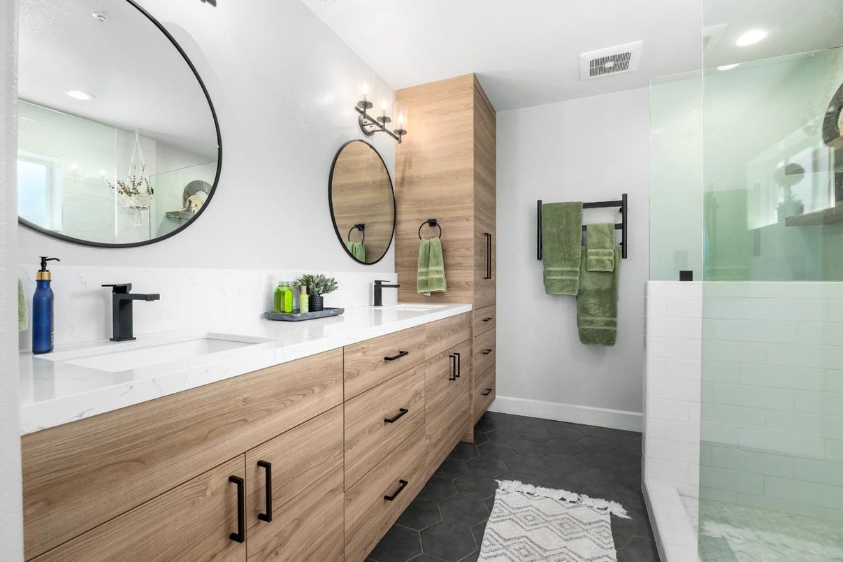 Bathroom, Dual Sink Vanities, Glass Shower, Interior, Recessed Lighting