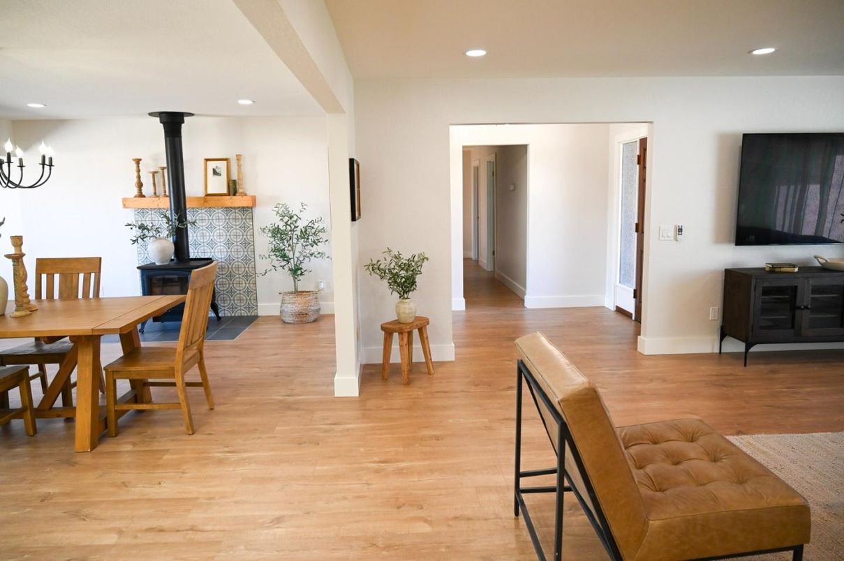 Dining room, Interior, Recessed Lighting, Wood Texture Flooring
