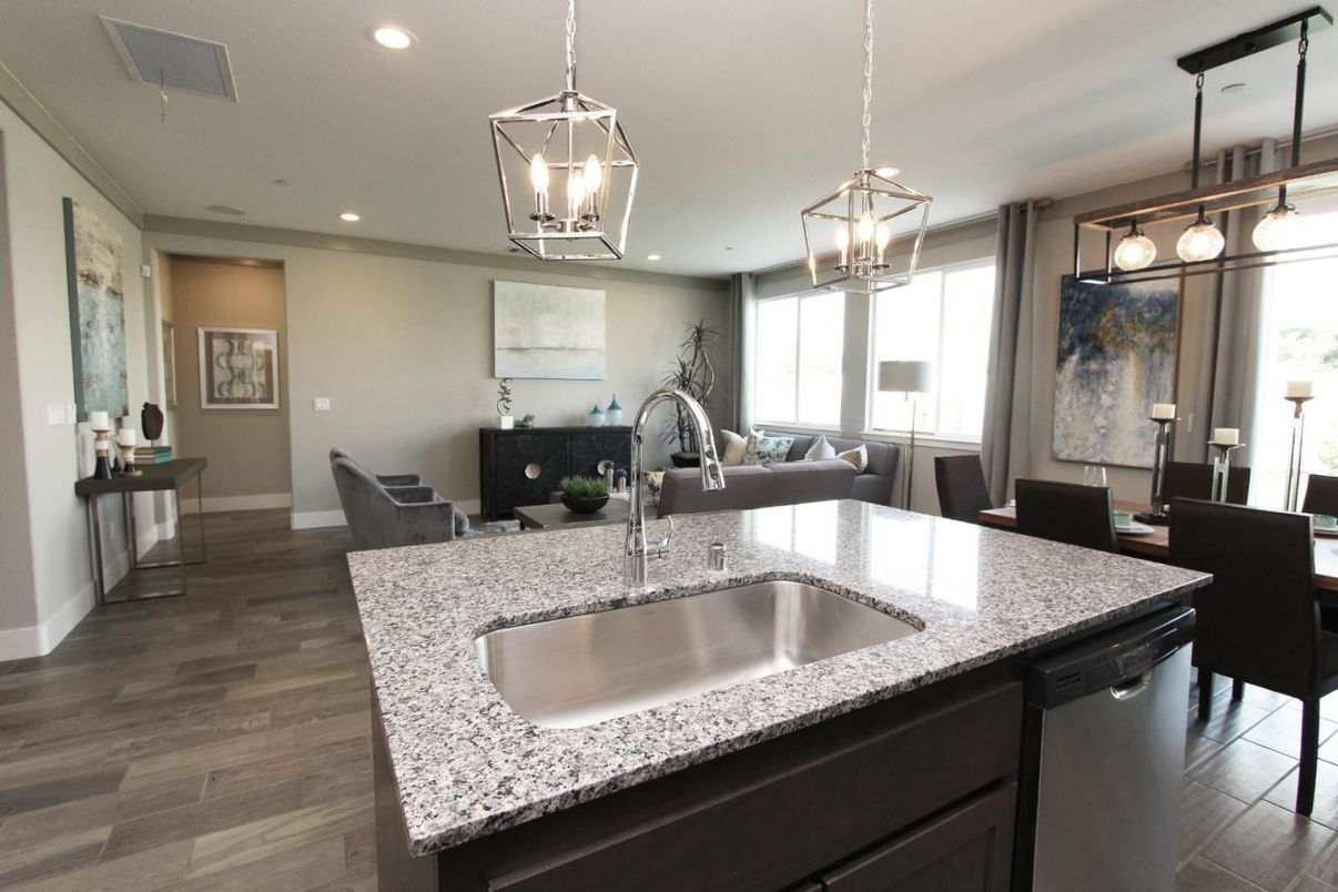 Dining room, Interior, Kitchen, Pendant Lights, Recessed Lighting, Wood Texture Flooring
