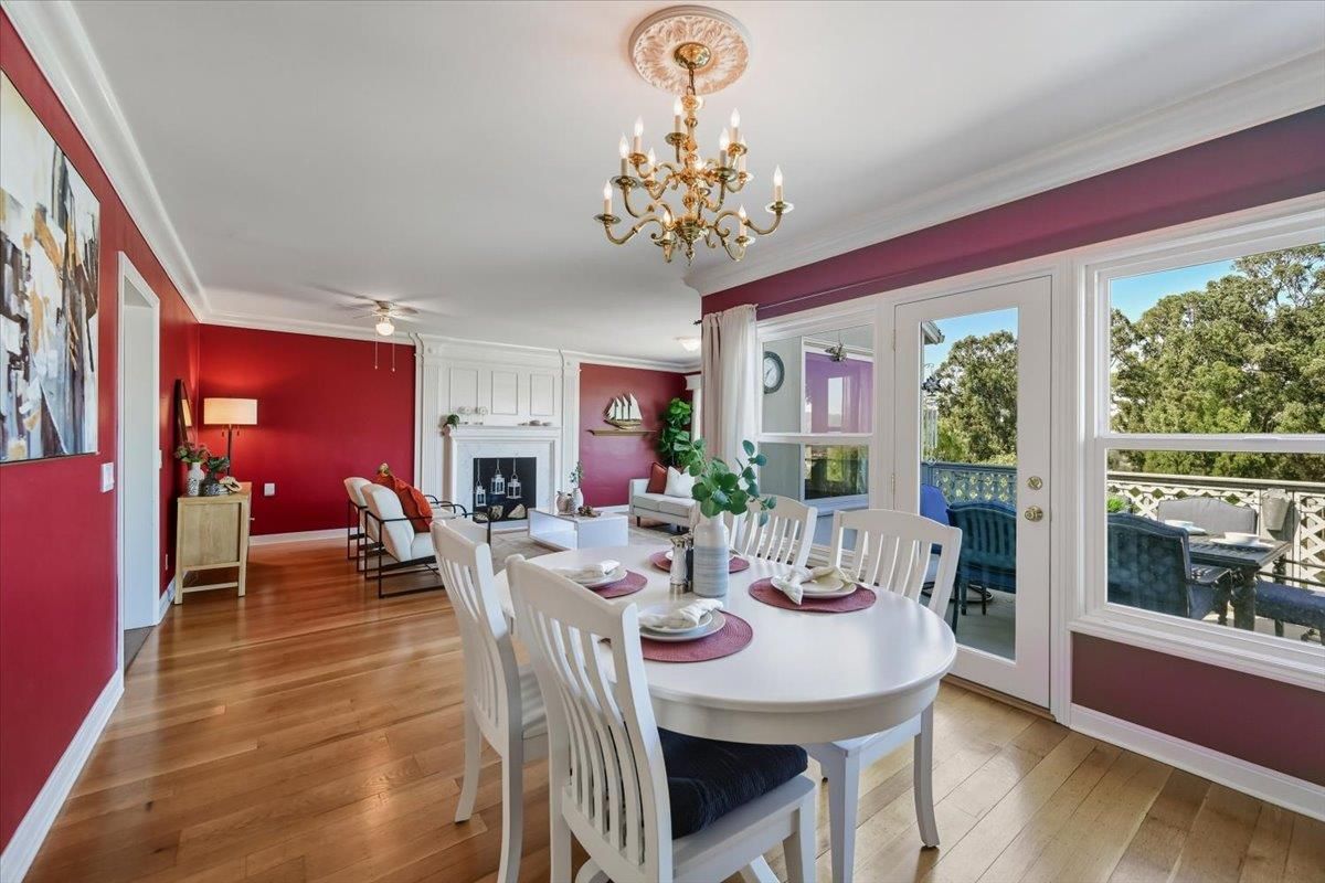 Chandelier, Dining room, Fireplace, Interior, Wood Texture Flooring