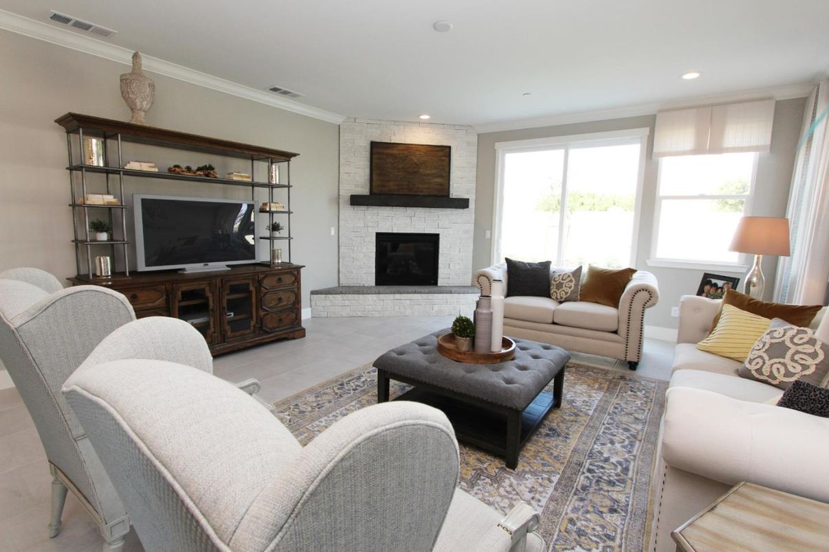 Fireplace, Interior, Living room, Recessed Lighting, Stone Walls