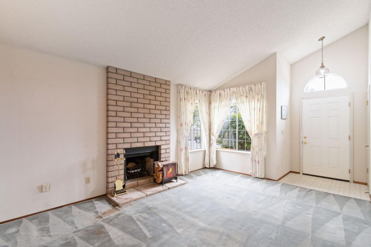 Empty room, Fireplace, Interior, Pendant Lights, Stone Walls