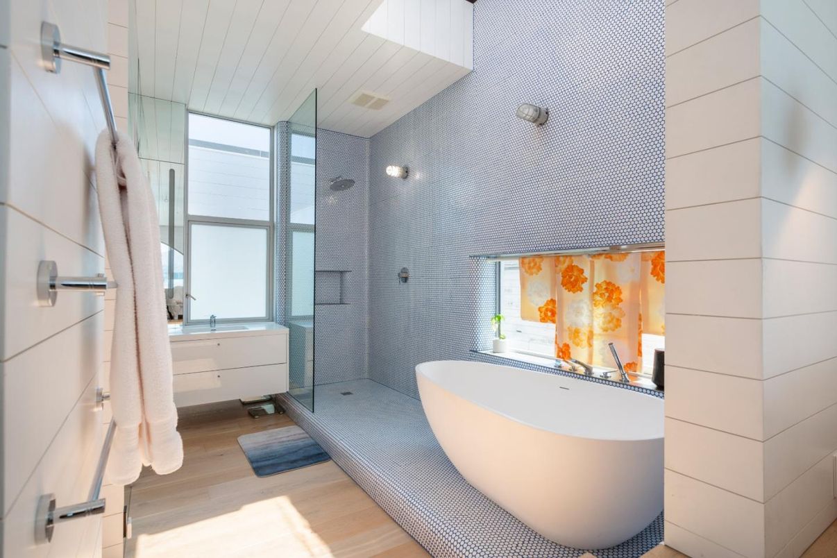 Bathroom, Free Standing Baths, Glass Shower, Interior, Wood Texture Flooring