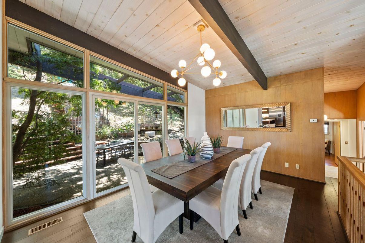 Dining room, Interior, Pendant Lights, Wooden Beams, Wooden Ceilings, Wood Texture Flooring, Wooden Walls