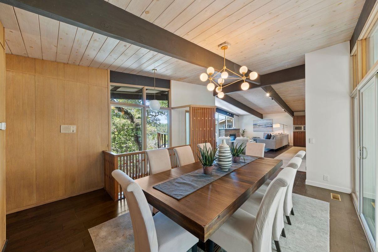 Dining room, Interior, Living room, Pendant Lights, Wooden Beams, Wooden Ceilings, Wood Texture Flooring, Wooden Walls