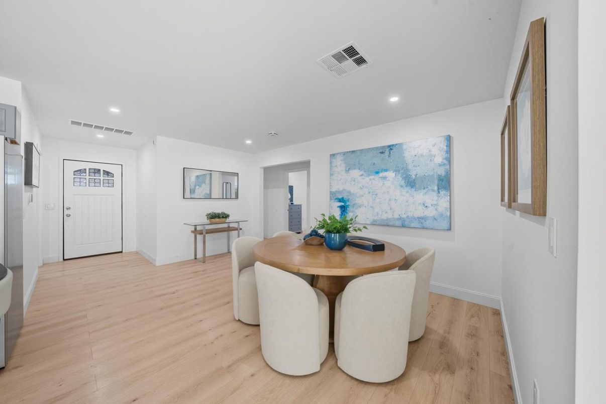 Dining room, Interior, Recessed Lighting, Wood Texture Flooring