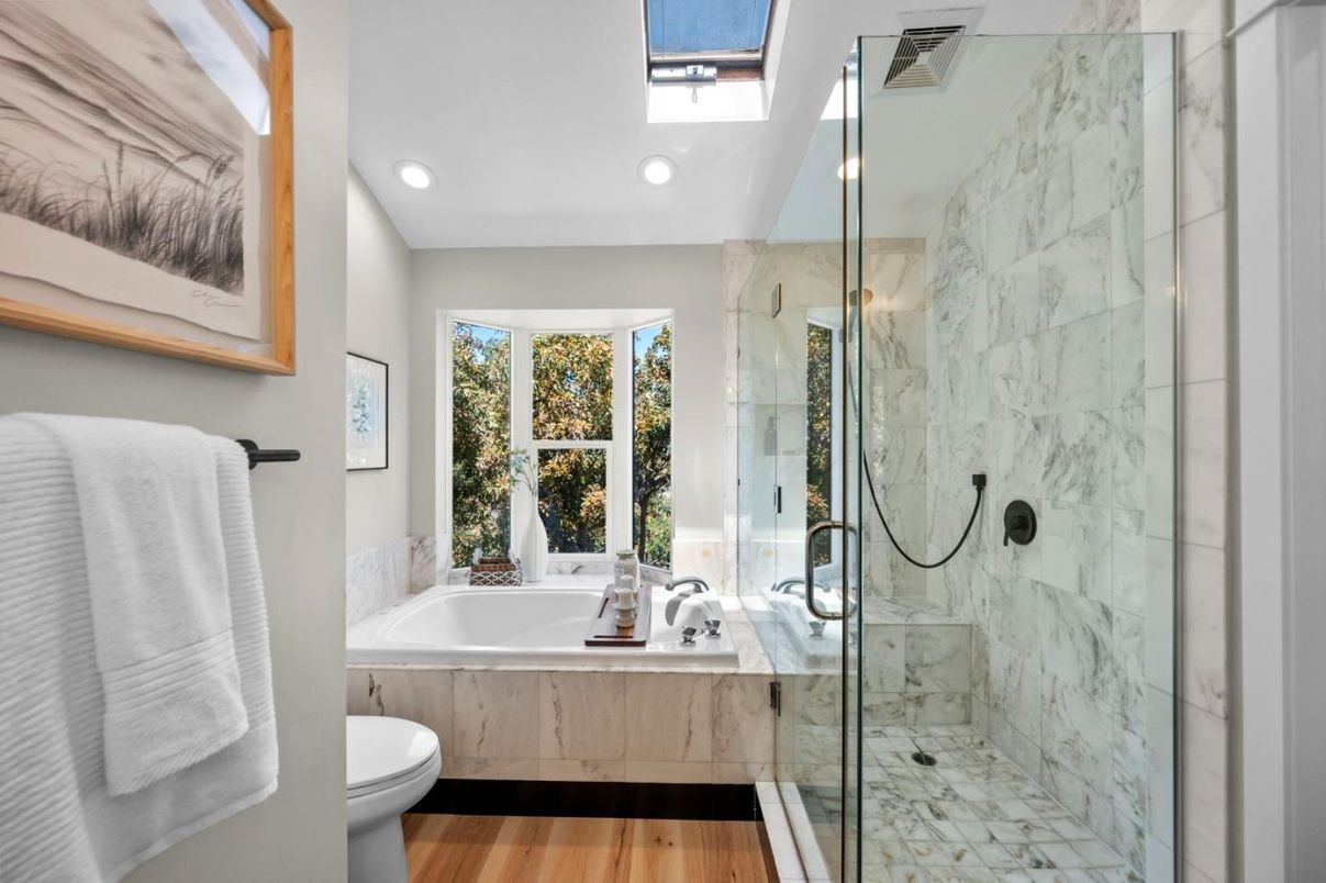 Bathroom, Glass Shower, Interior, Marble Walls, Recessed Lighting, Wood Texture Flooring