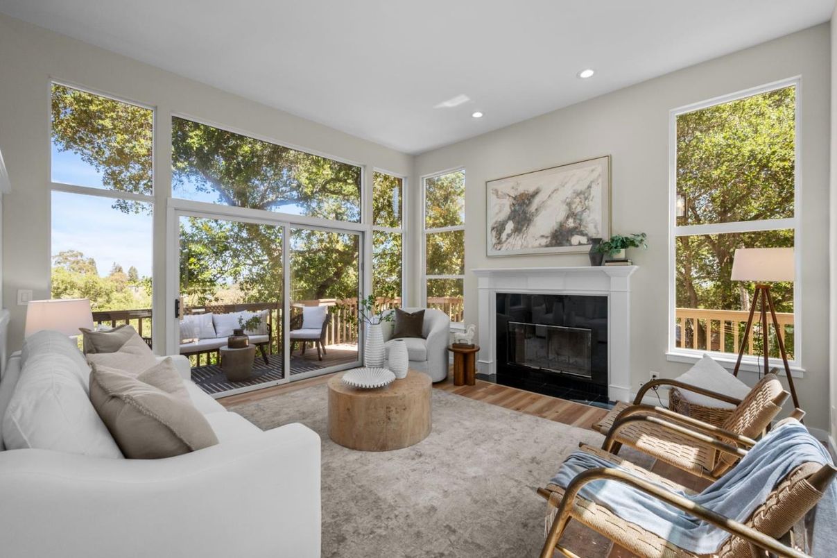 Fireplace, Interior, Living room, Recessed Lighting, Sun Room, Wood Texture Flooring