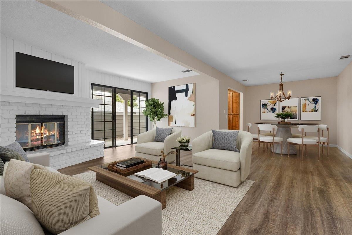 Chandelier, Dining room, Fireplace, Interior, Living room, Wood Texture Flooring