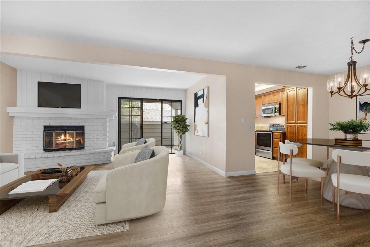 Chandelier, Dining room, Fireplace, Interior, Living room, Wood Texture Flooring