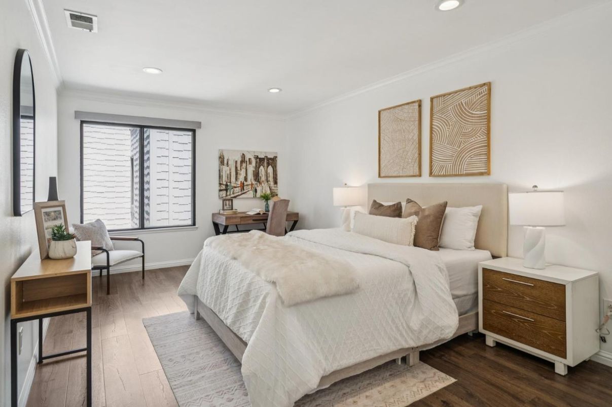 Bedroom, Interior, Recessed Lighting, Wood Texture Flooring