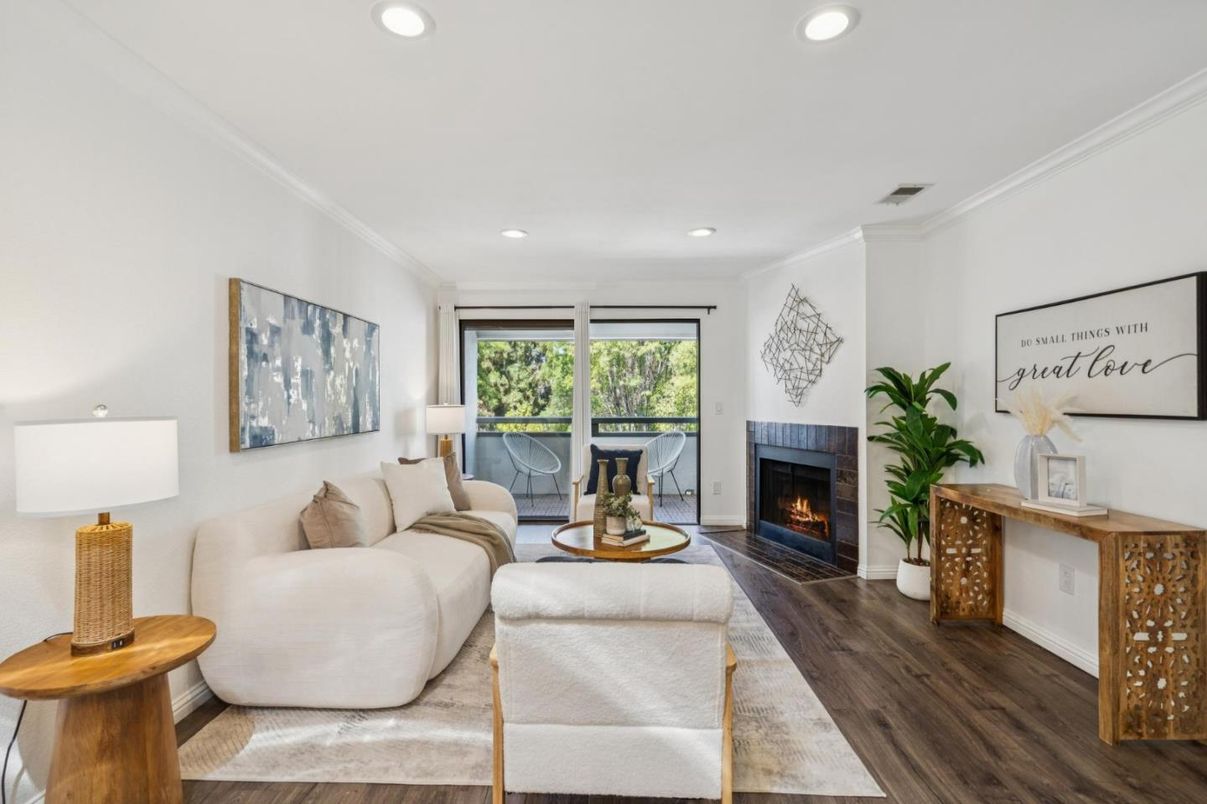 Fireplace, Interior, Living room, Recessed Lighting, Wood Texture Flooring