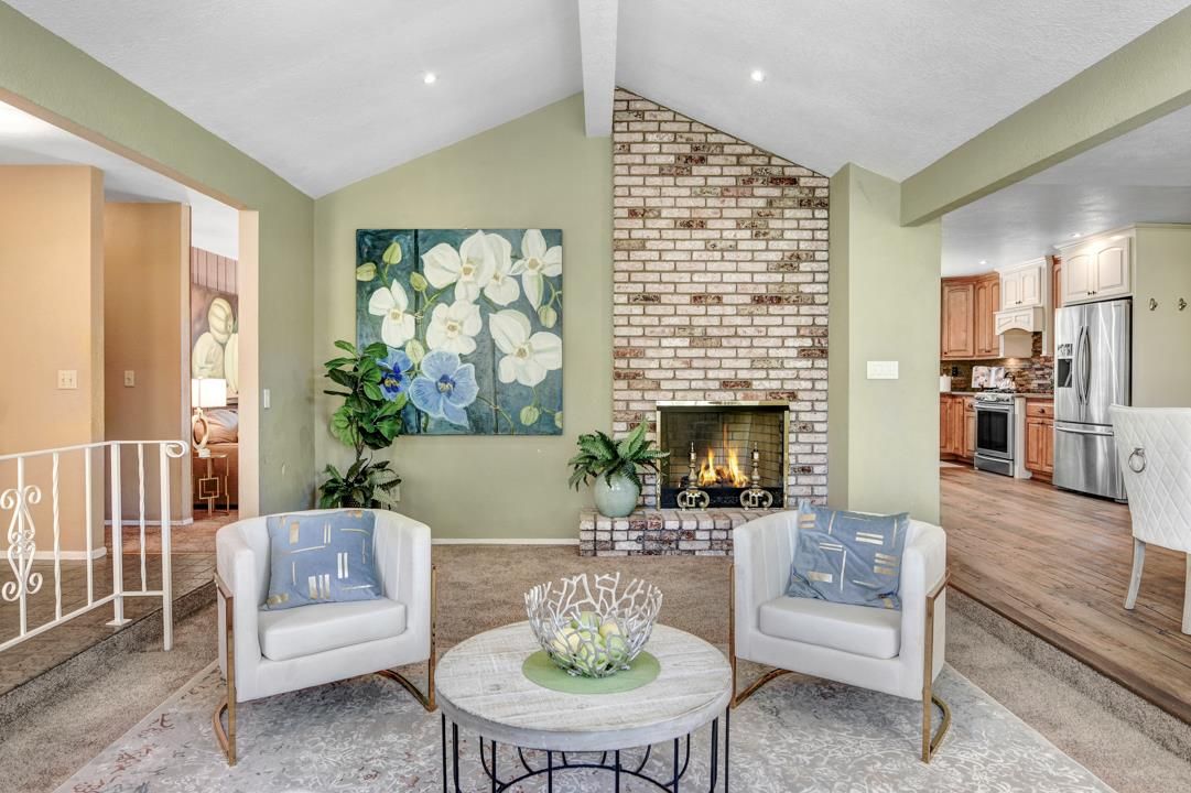 Fireplace, Interior, Kitchen, Living room, Recessed Lighting, Stainless Steel Appliances, Stone Walls, Wood Texture Flooring