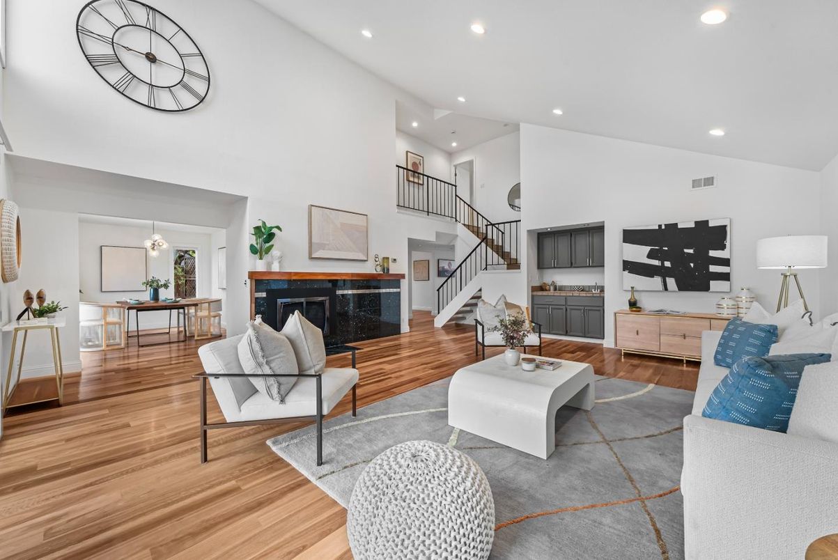 Dining room, Fireplace, Interior, Living room, Pendant Lights, Recessed Lighting, Wood Texture Flooring