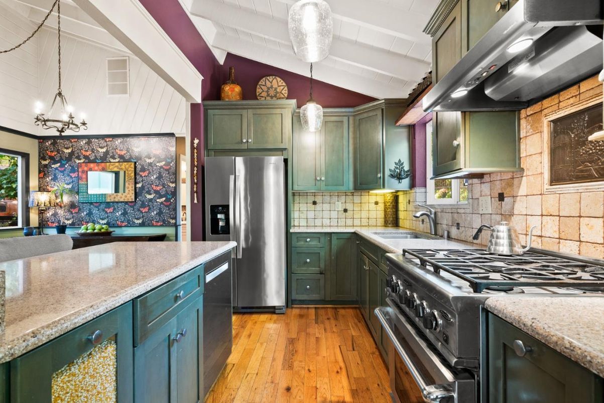 Interior, Kitchen, Pendant Lights, Stainless Steel Appliances, Wood Texture Flooring