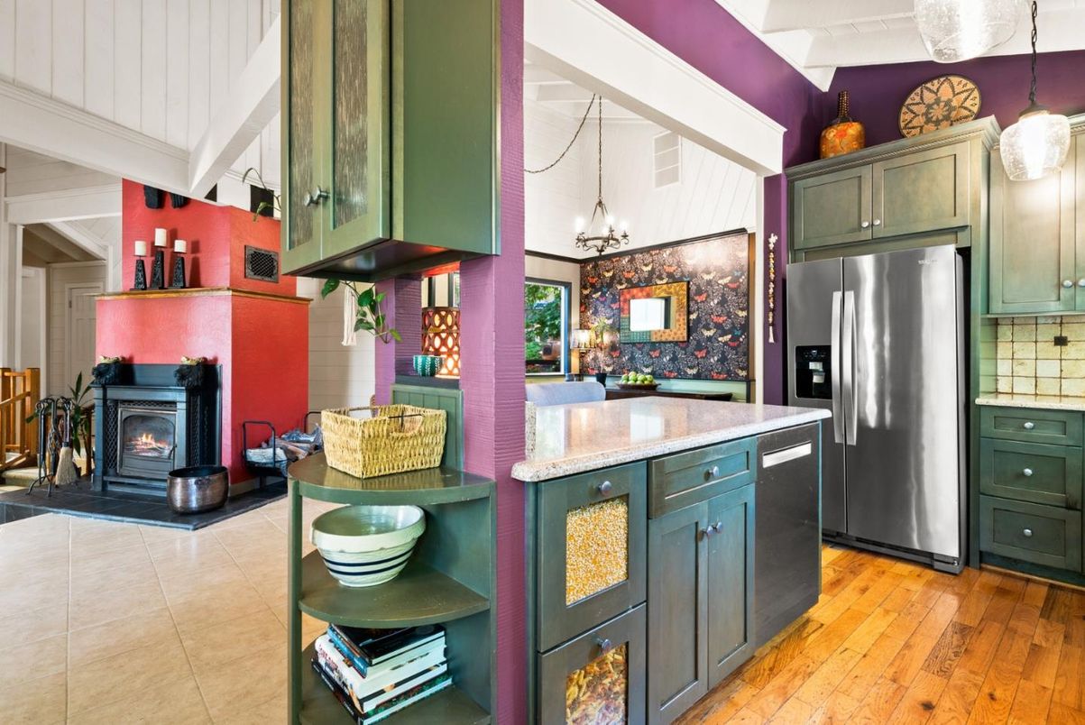 Fireplace, Interior, Kitchen, Pendant Lights, Wood Texture Flooring