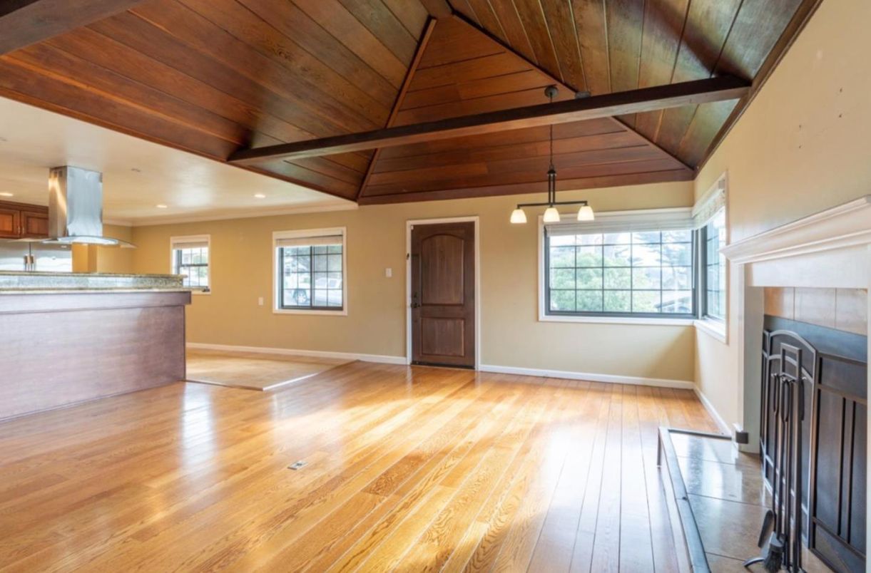 Empty room, Fireplace, Interior, Pendant Lights, Recessed Lighting, Wooden Beams, Wooden Ceilings, Wood Texture Flooring