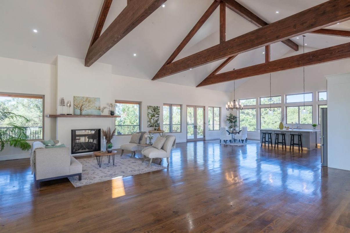 Chandelier, Dining room, Fireplace, Interior, Living room, Recessed Lighting, Wooden Beams, Wood Texture Flooring
