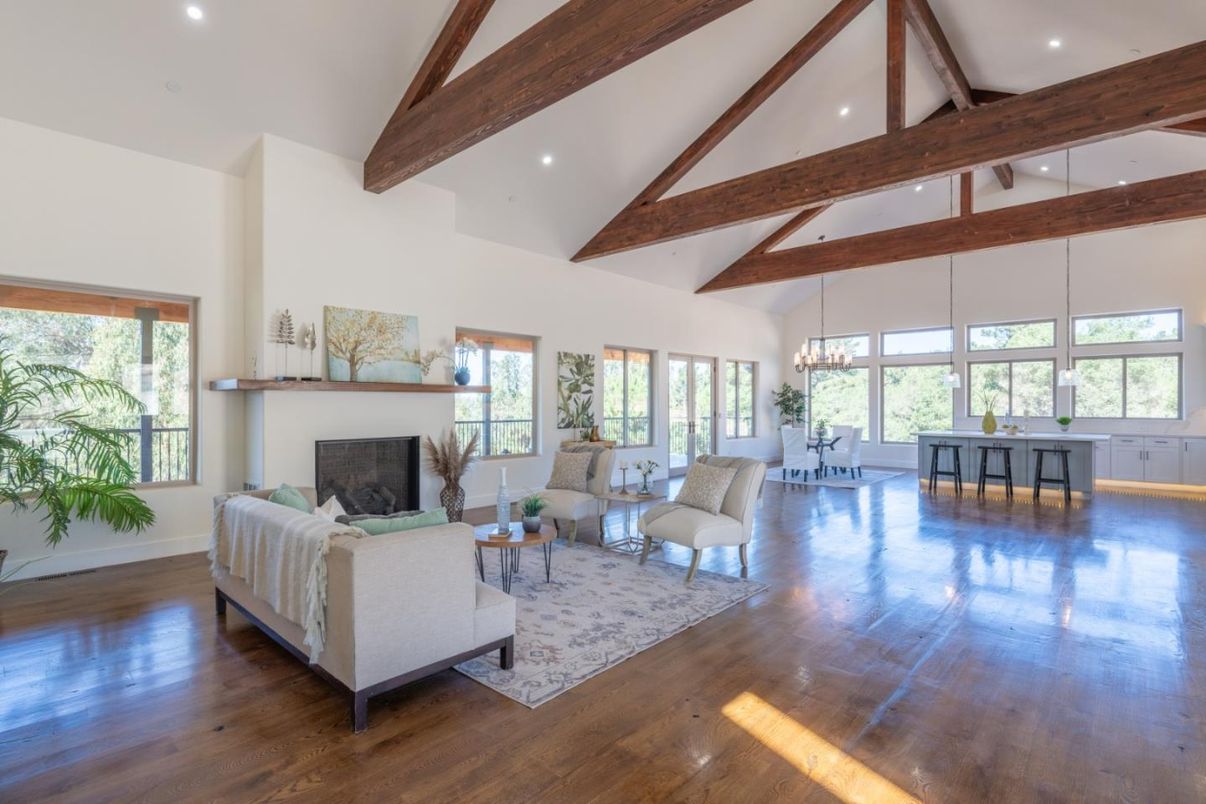 Chandelier, Dining room, Fireplace, Interior, Living room, Pendant Lights, Recessed Lighting, Wooden Beams, Wood Texture Flooring