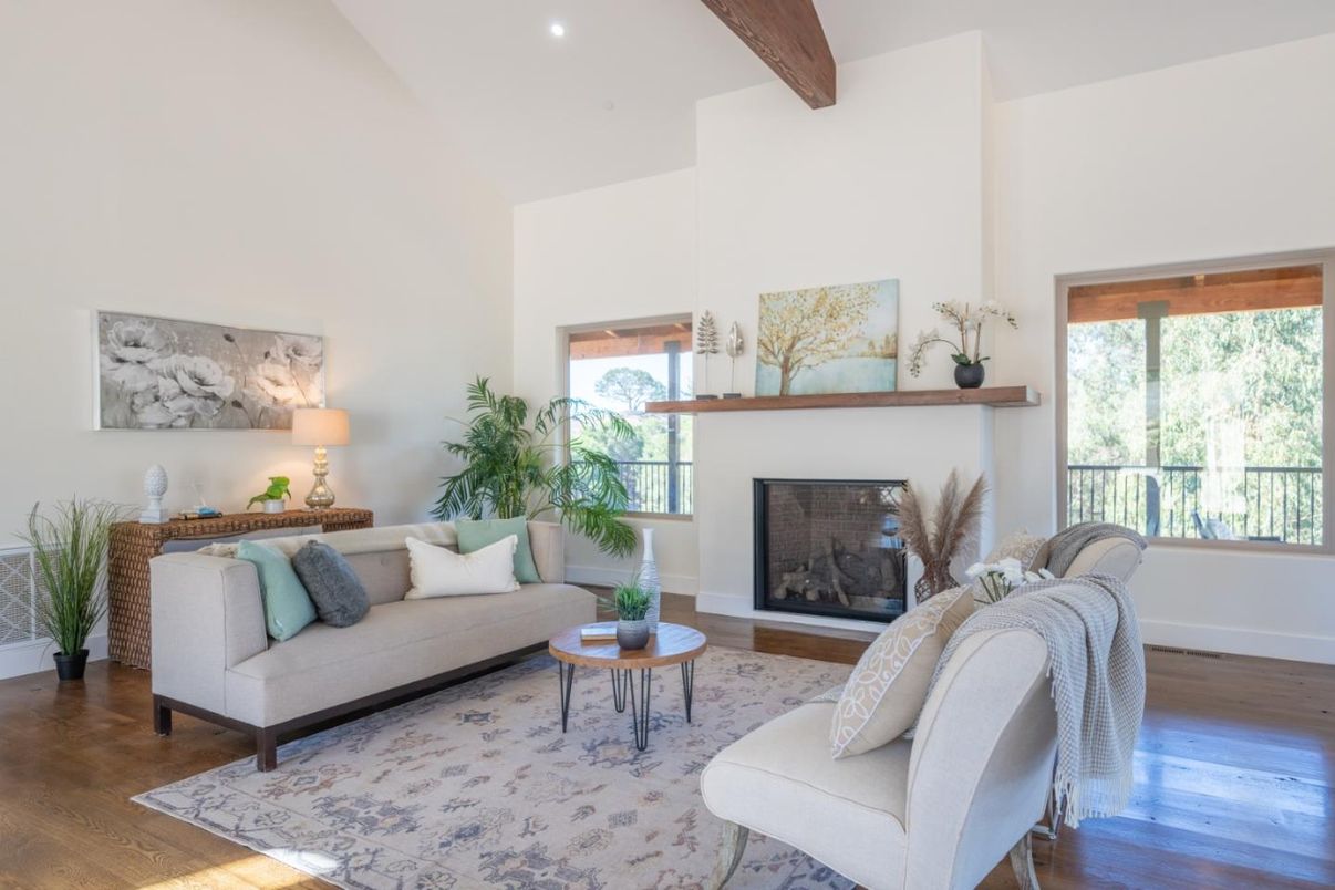 Fireplace, Interior, Living room, Recessed Lighting, Wooden Beams, Wood Texture Flooring
