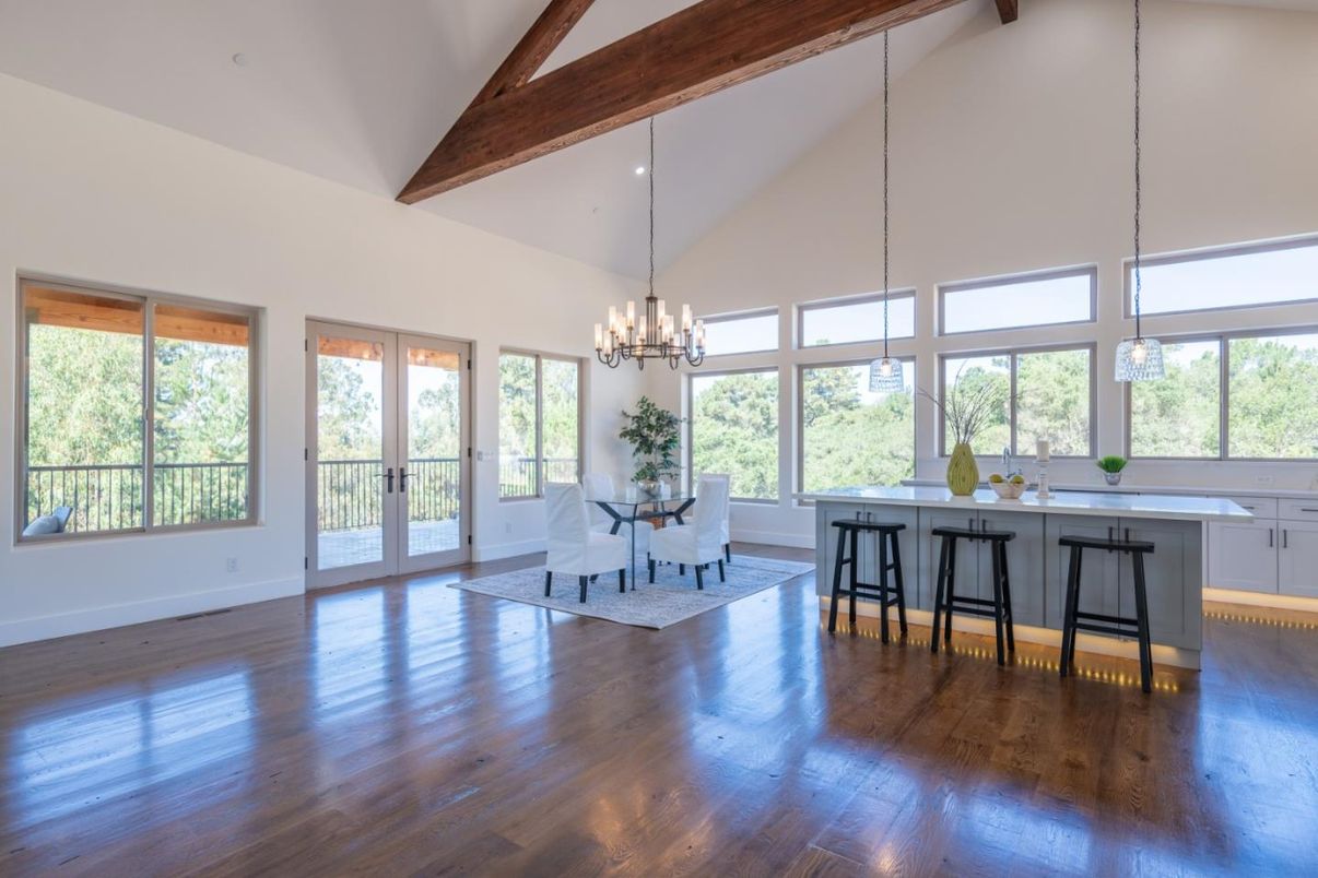Chandelier, Dining room, Interior, Pendant Lights, Wooden Beams, Wood Texture Flooring