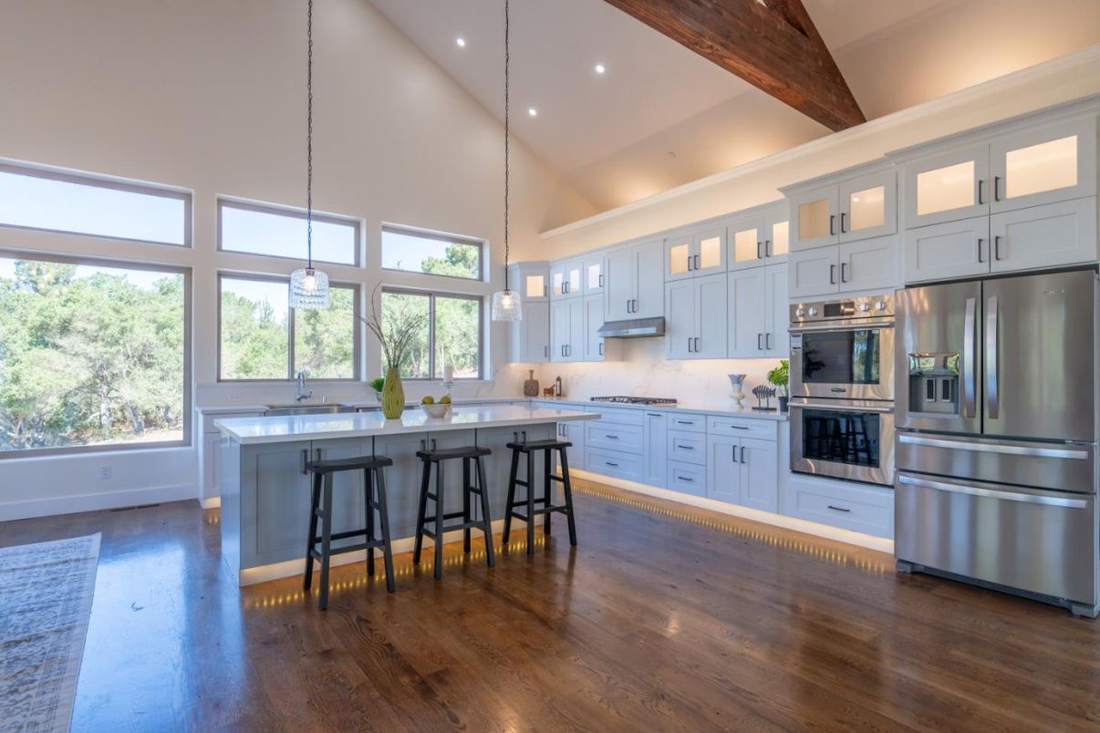 Interior, Kitchen, Pendant Lights, Recessed Lighting, Stainless Steel Appliances, Wooden Beams, Wood Texture Flooring