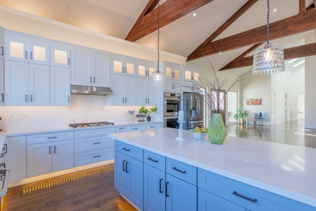 Interior, Kitchen, Pendant Lights, Recessed Lighting, Stainless Steel Appliances, Wooden Beams, Wood Texture Flooring