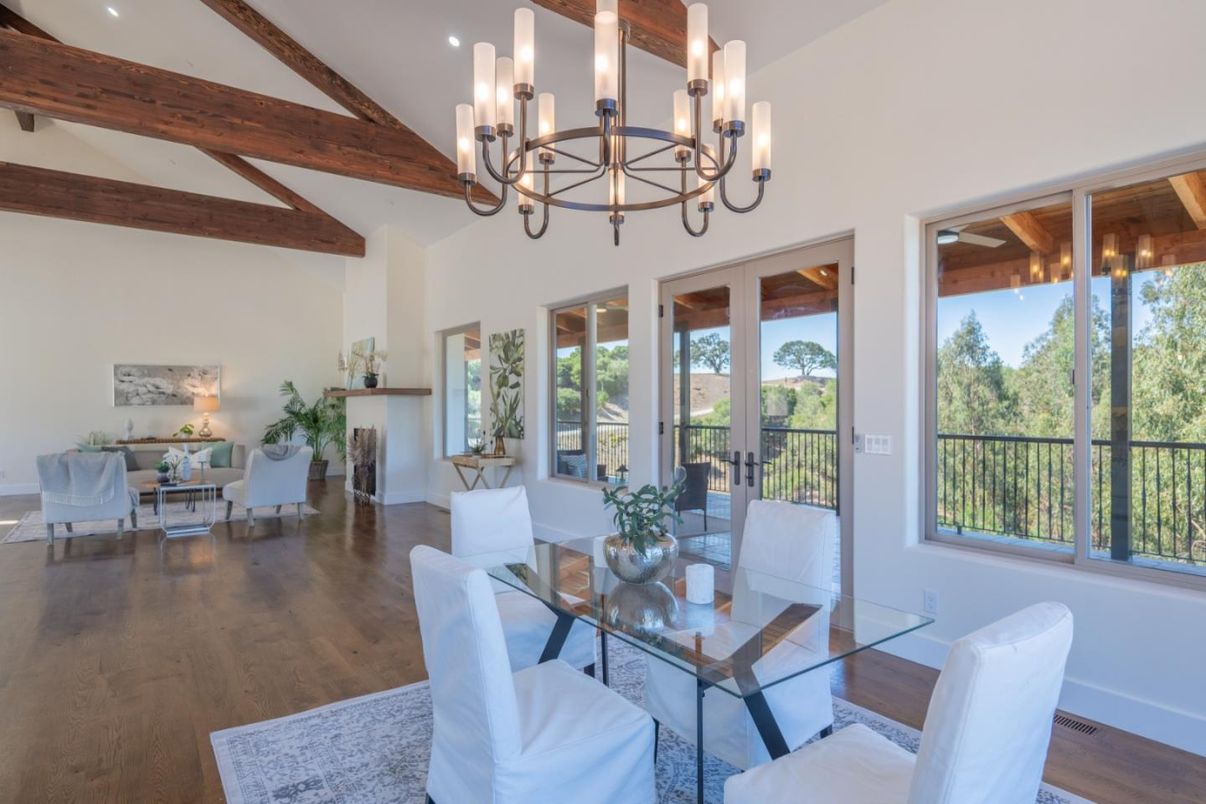 Chandelier, Dining room, Interior, Living room, Wooden Beams, Wood Texture Flooring