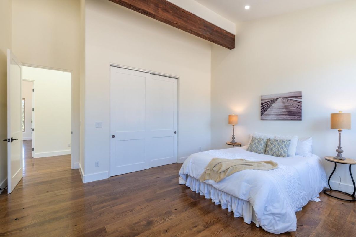 Bedroom, Interior, Recessed Lighting, Wooden Beams, Wood Texture Flooring