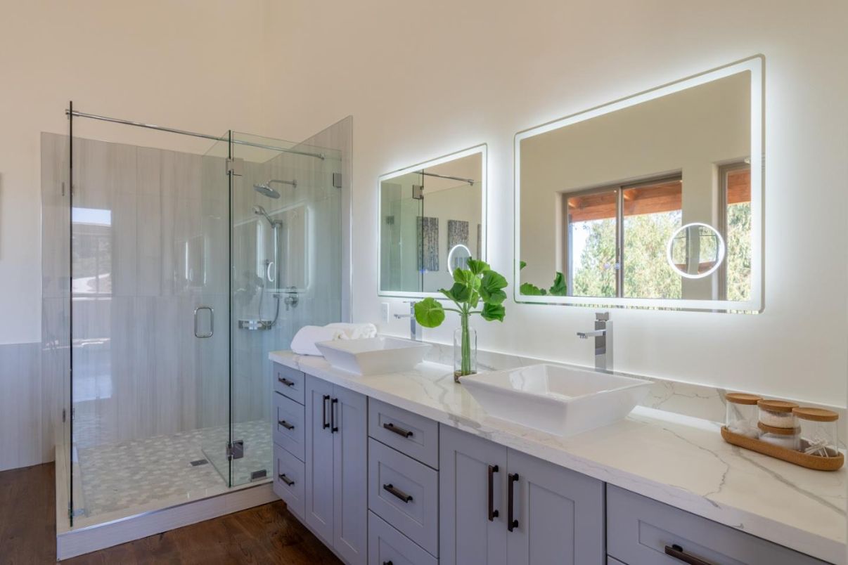 Bathroom, Dual Sink Vanities, Glass Shower, Interior, Wood Texture Flooring