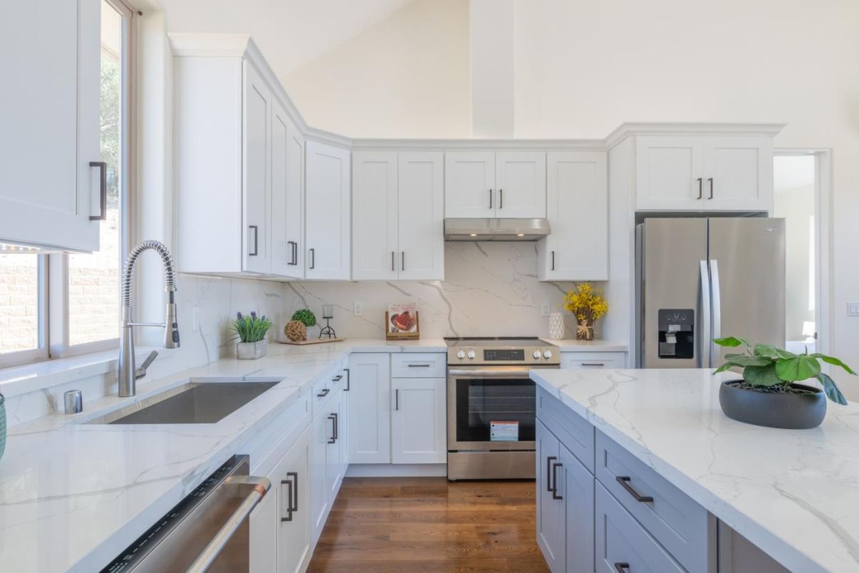 Interior, Kitchen, Marble Walls, Stainless Steel Appliances, Wood Texture Flooring