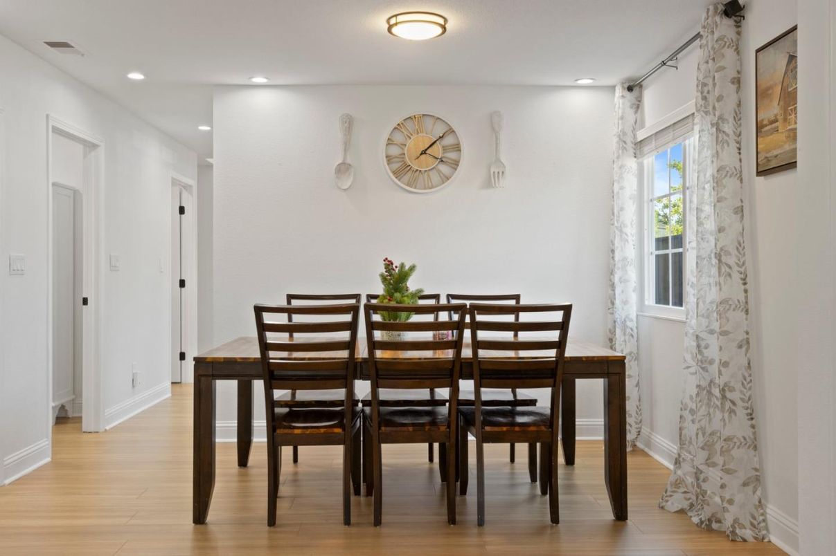 Dining room, Interior, Recessed Lighting, Wood Texture Flooring