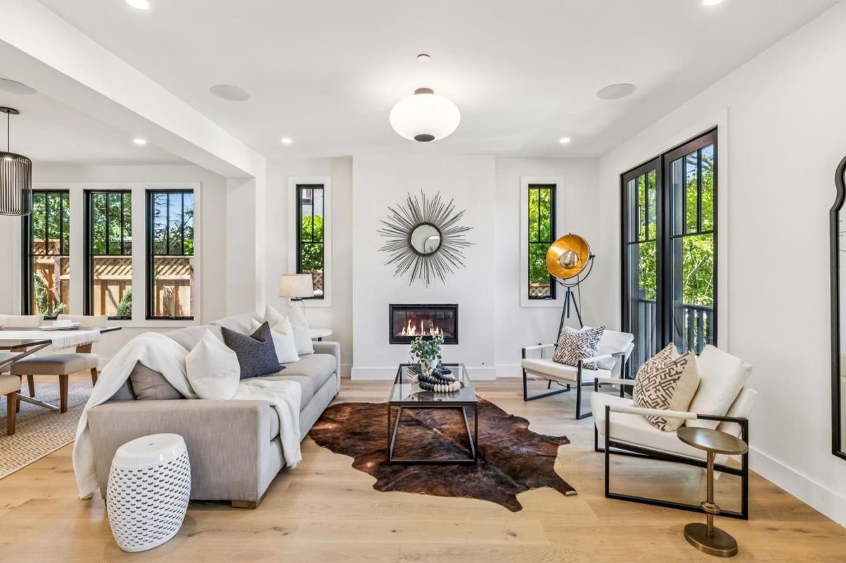 Dining room, Fireplace, Interior, Living room, Pendant Lights, Recessed Lighting, Wood Texture Flooring