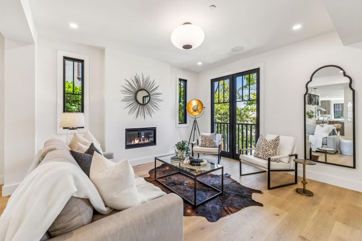 Fireplace, Interior, Living room, Recessed Lighting, Wood Texture Flooring