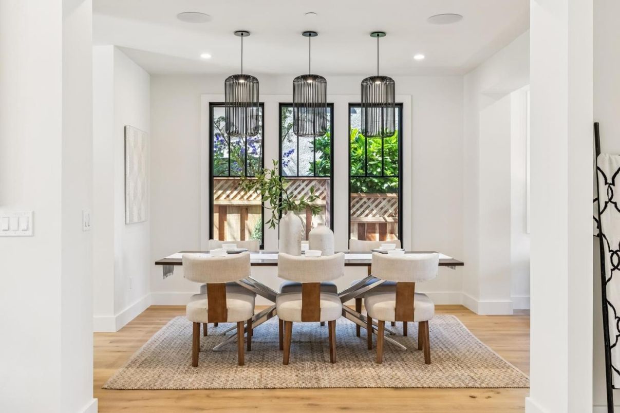 Dining room, Interior, Pendant Lights, Recessed Lighting, Wood Texture Flooring