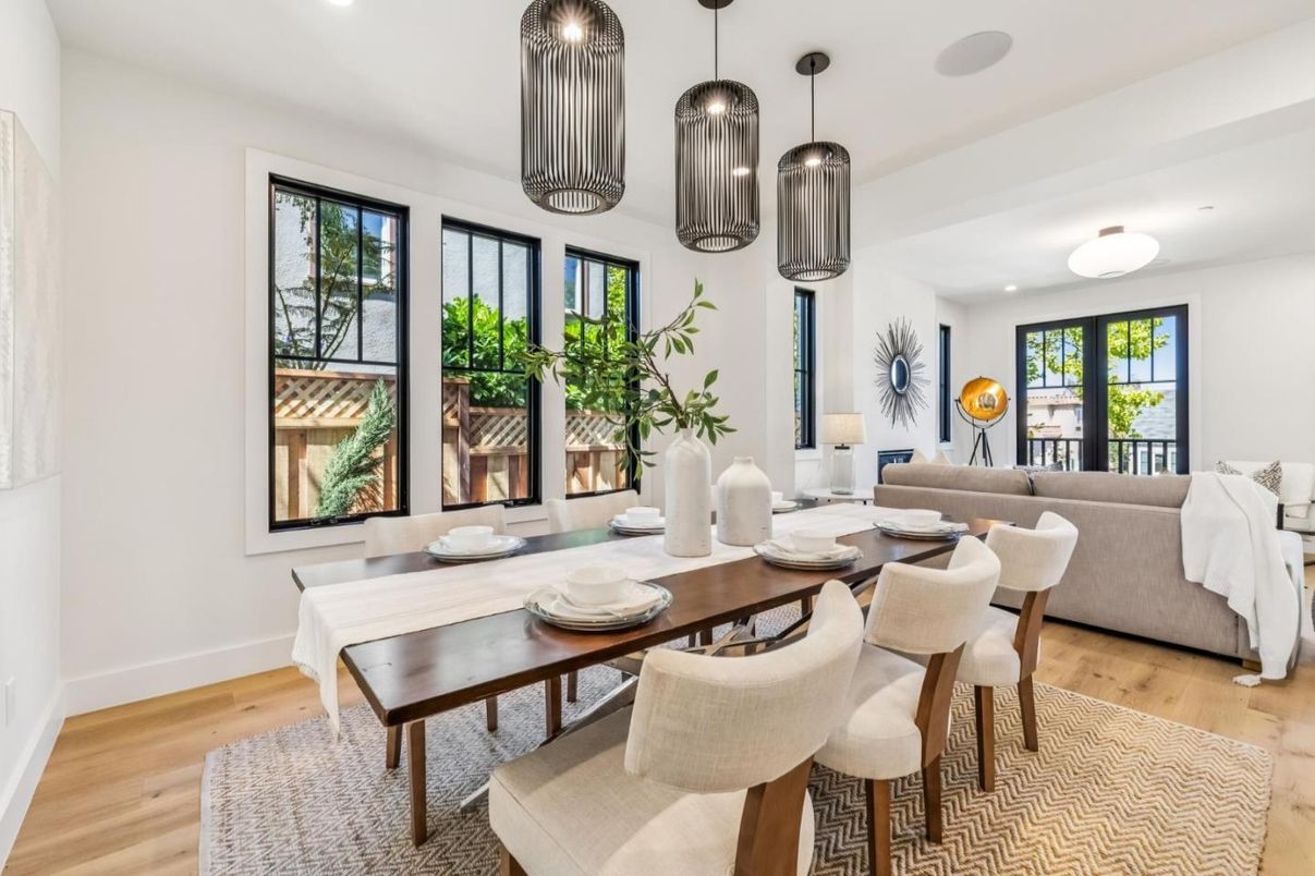 Dining room, Interior, Living room, Pendant Lights, Recessed Lighting, Wood Texture Flooring