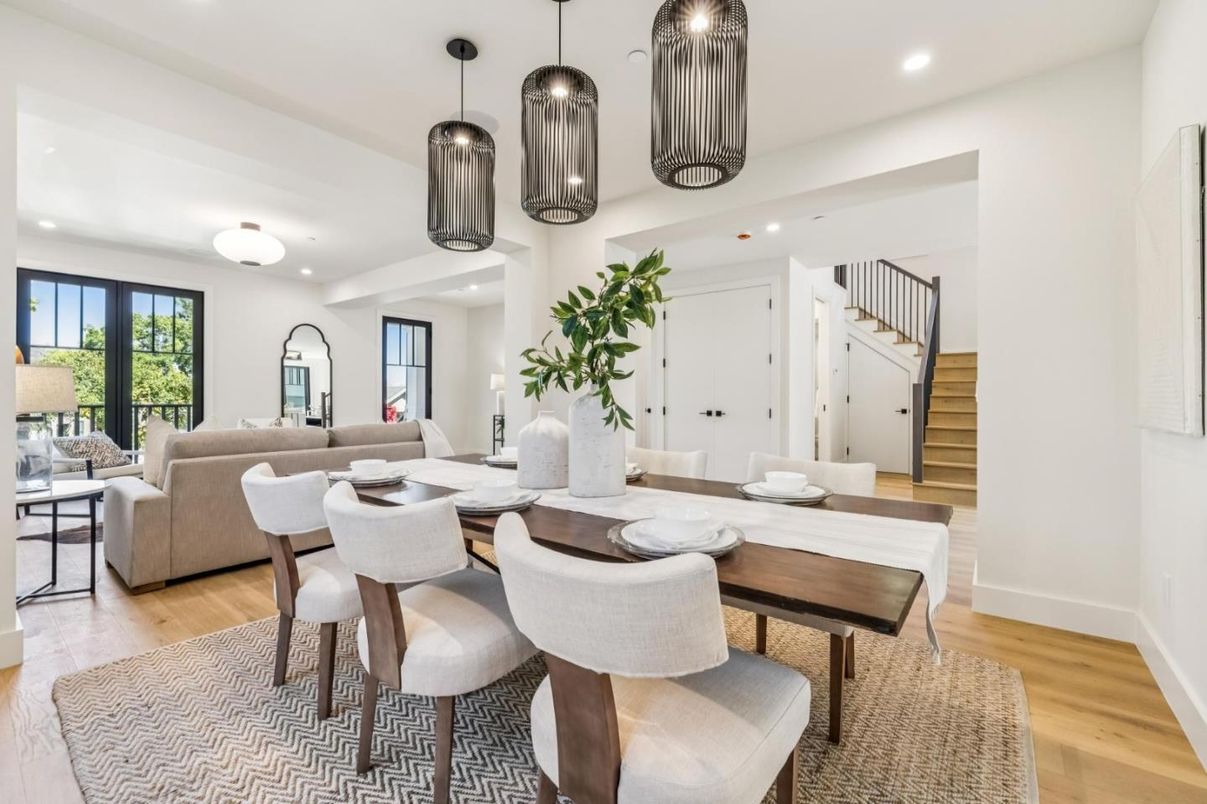 Dining room, Interior, Living room, Pendant Lights, Recessed Lighting, Wood Texture Flooring