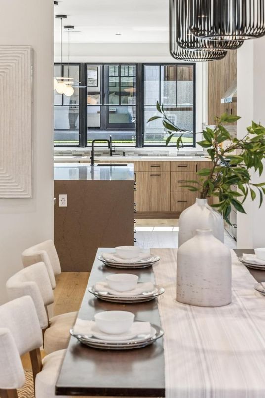 Dining room, Interior, Kitchen, Pendant Lights, Wood Texture Flooring