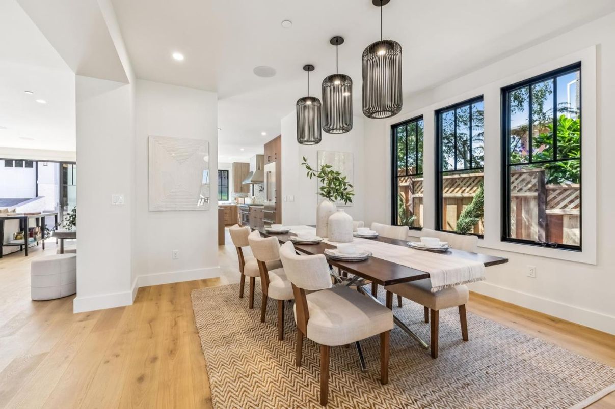 Dining room, Interior, Pendant Lights, Recessed Lighting, Wood Texture Flooring