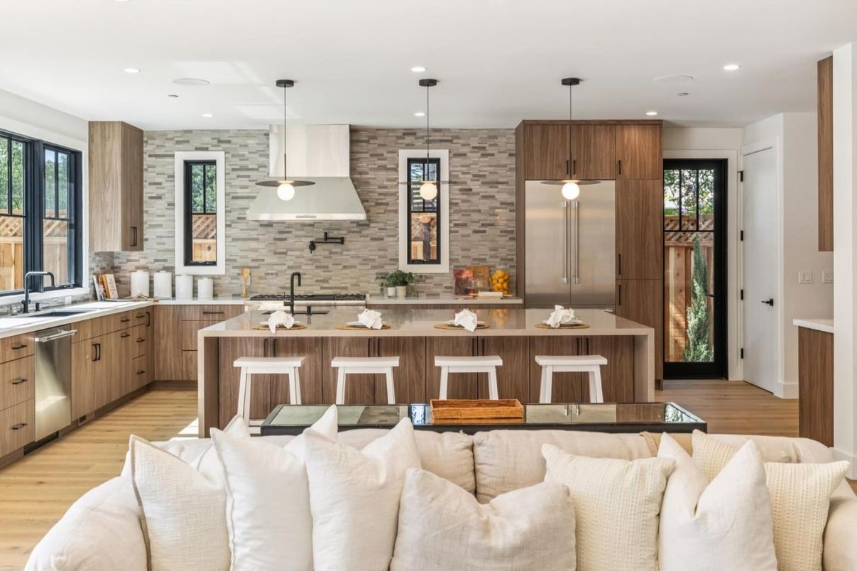 Interior, Kitchen, Pendant Lights, Recessed Lighting, Stainless Steel Appliances, Stone Walls, Wood Texture Flooring