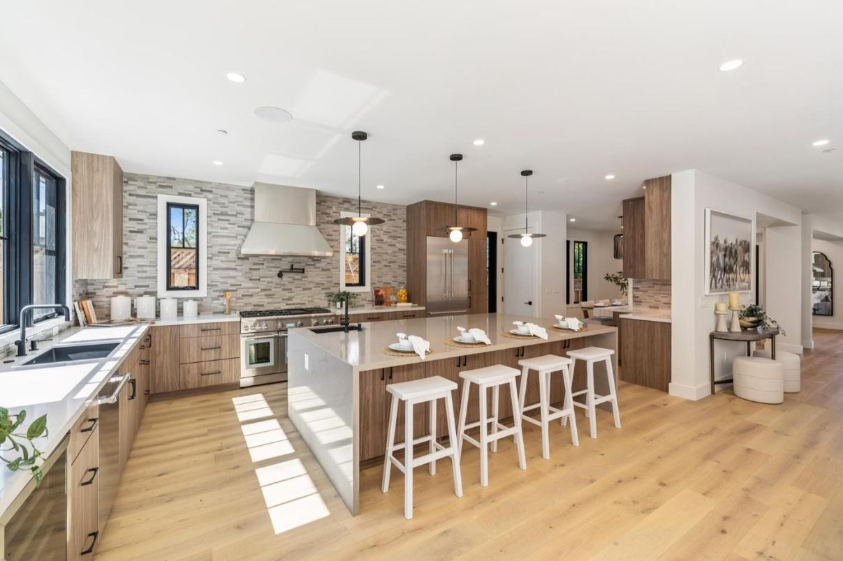 Interior, Kitchen, Pendant Lights, Recessed Lighting, Stainless Steel Appliances, Stone Walls, Wood Texture Flooring