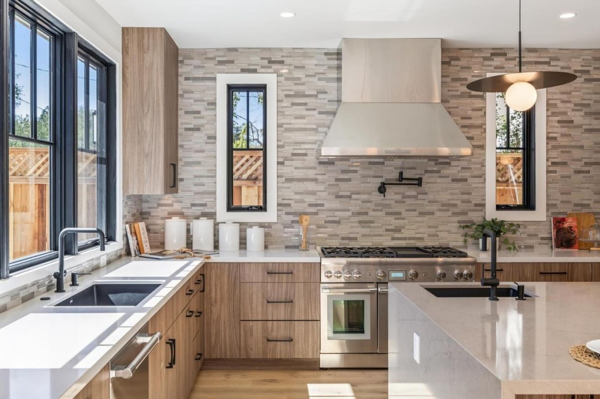 Interior, Kitchen, Pendant Lights, Recessed Lighting, Stainless Steel Appliances, Stone Walls, Wood Texture Flooring