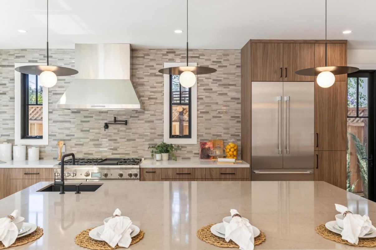 Interior, Kitchen, Pendant Lights, Recessed Lighting, Stainless Steel Appliances, Stone Walls