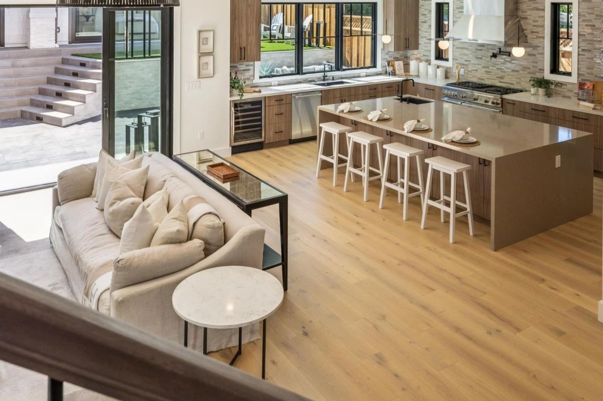 Interior, Kitchen, Living room, Stainless Steel Appliances, Wood Texture Flooring