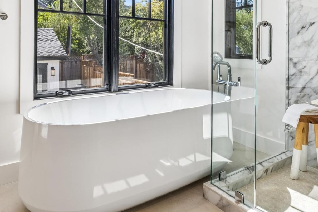 Bathroom, Free Standing Baths, Glass Shower, Interior, Marble Walls