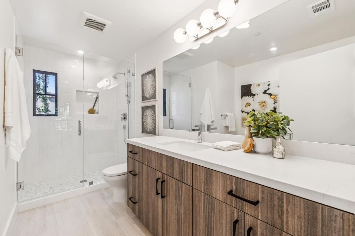 Bathroom, Glass Shower, Interior, Recessed Lighting, Wood Texture Flooring