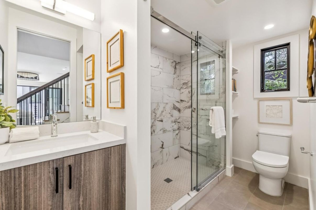 Bathroom, Glass Shower, Interior, Marble Walls, Recessed Lighting